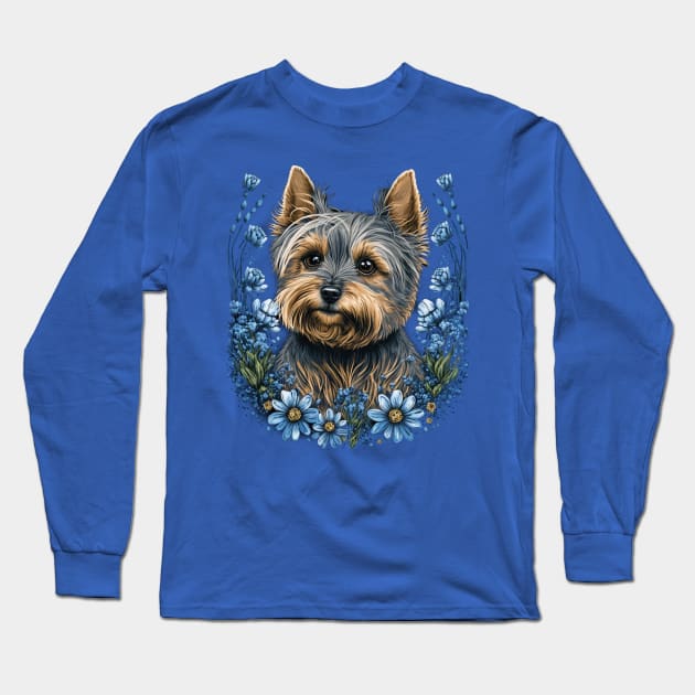 Scottish Terrier and Blue Flowers Long Sleeve T-Shirt by kansaikate